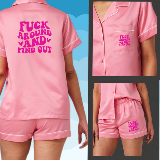 Fuck Around And Find Out Satin Style Pyjama set - Dusty Pink