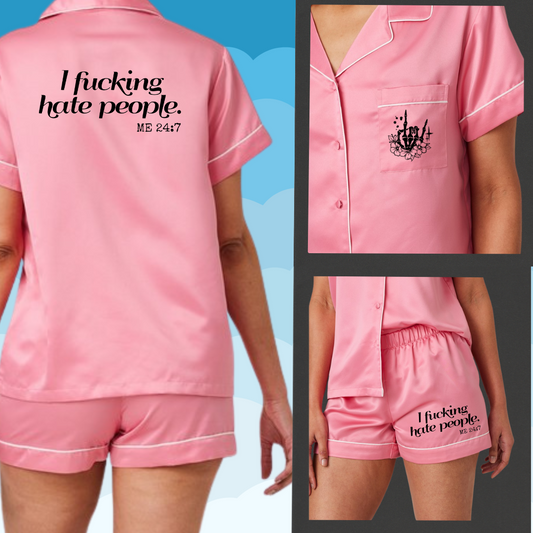 I fucking hate people Satin Style Pyjama set - Dusty Pink